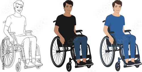 Smiling man sitting in wheelchair depicted in line art and color versions