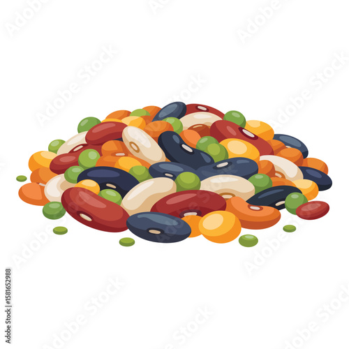 Colorful pile of assorted dried beans and peas illustration on white background