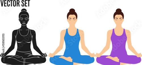 Yoga woman sitting in lotus pose, vector set in different styles.