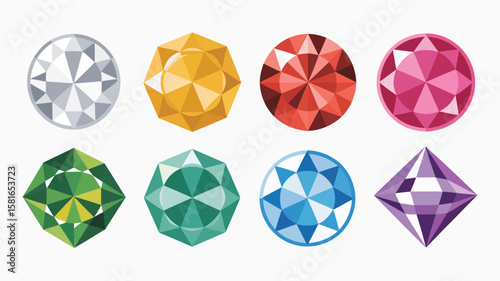 Collection of eight colorful faceted gemstones in a grid pattern on white background