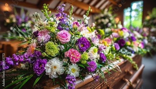 Colorful floral arrangements on a wooden casket