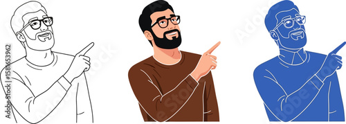 Bearded man points upward in various artistic styles for concept illustrations
