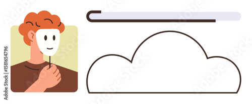 Person holding a mask beside a cloud and loading bar. Ideal for privacy, identity, honesty, self-expression, technology, emotional growth, and online presence themes. Simple flat metaphor