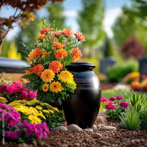 Colorful flowers in a dark vase at a gravesite