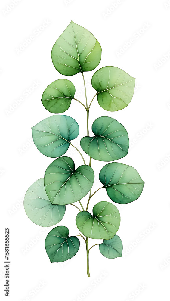 Obraz premium Watercolor Eucalyptus Branch: Serene Green Leaves, Botanical Illustration, Minimalist Style