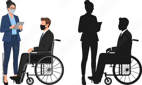 Business team with face masks and a man in a wheelchair