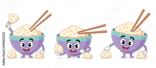 Three cute cartoon bowls of rice with faces and chopsticks eating rice