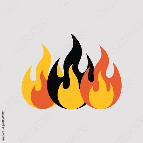 Stylized graphic illustration of three colorful flames on a light gray background