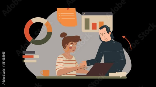 Collaborative Office Teamwork with Laptop and Data Visuals