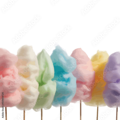 A row of colorful cotton candy confections on sticks against a white background