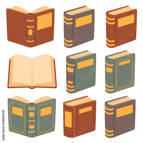 Collection of nine illustrated books in various colors and open or closed positions