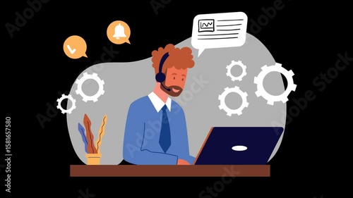 Customer Support Professional Working on Laptop in Modern Office Setting