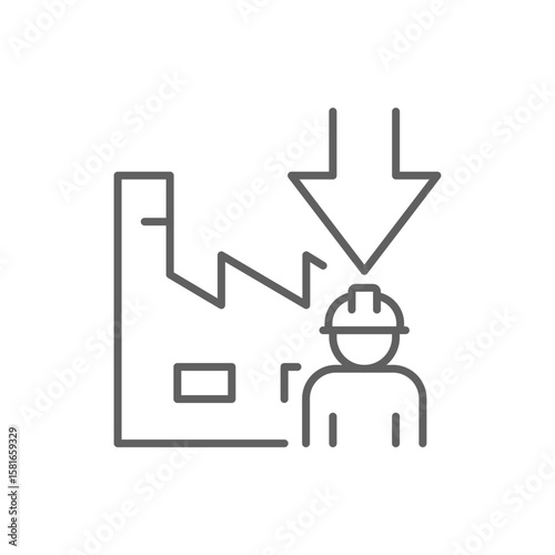 Manufacturing Workforce Decline Icon. Outline Style. Editable Stroke Vector. Factory with Down Arrow and Single Worker. Labor Shortage Crisis. Staff Reduction in Industry. Employee Drop and Productiv