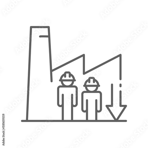 Industrial Worker Shortage Icon. Outline Style. Editable Stroke Vector. Factory with Two Employees and Downward Graph. Labor Shortage Crisis. Staff Deficit in Manufacturing. Job Vacancy and Productiv