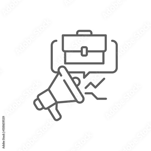 Job Hiring Announcement Icon. Outline Style. Editable Stroke Vector. Megaphone with Briefcase and Declining Graph Symbol. Labor Shortage Crisis. Staff Recruitment Call. Workforce Alert Notification.