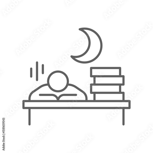 Late Night Overwork Icon. Outline Style. Editable Stroke Vector. Tired Employee Sleeping at Office Desk with Paper Stack and Moon Symbol. Labor Shortage Effect. Exhaustion and Productivity Crisis.
