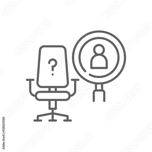 Searching for Employee Icon. Outline Style. Editable Stroke Vector. Vacant Office Chair with Magnifying Glass. Labor Shortage Concept. Recruitment Problem. HR Workforce Hiring Illustration.