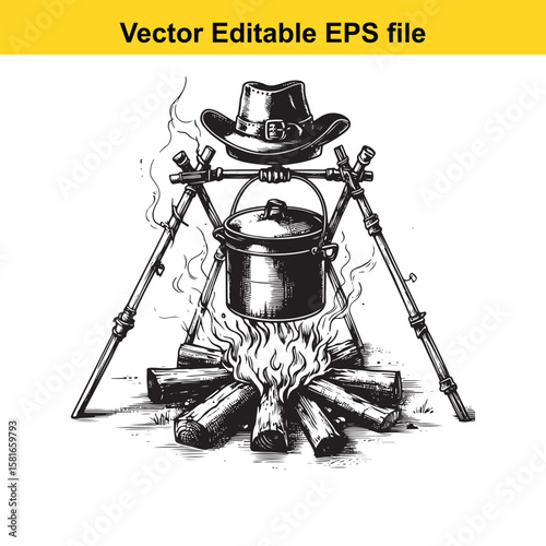 A cowboy hat over a campfire cooking pot