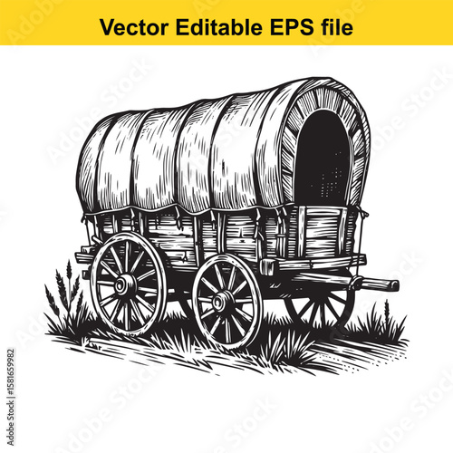 A vintage covered wagon on a grassy field