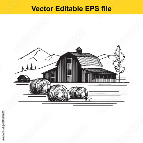 A rustic barn with hay bales in a rural landscape