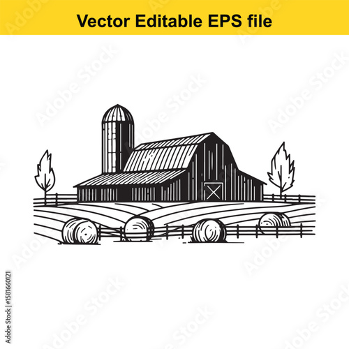 A farm with a barn, silo, and hay bales in a field