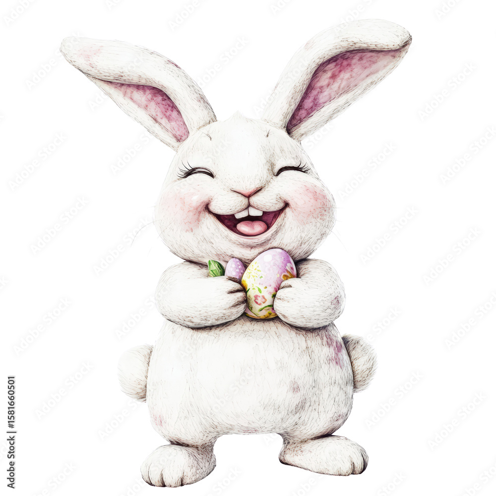 Fototapeta premium Adorable white bunny rabbit with large ears holding decorated Easter eggs smiling happily isolated on white background