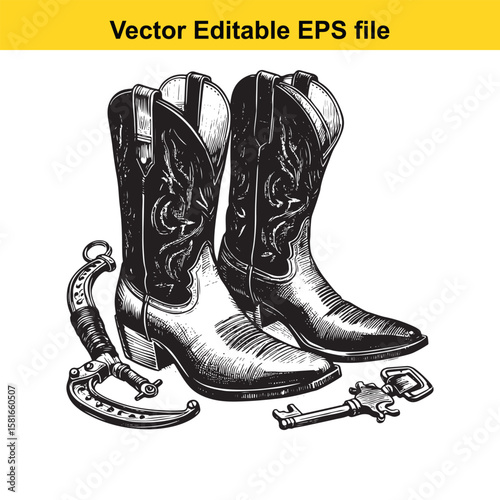 Cowboy boots with horseshoe and key isolated on white background
