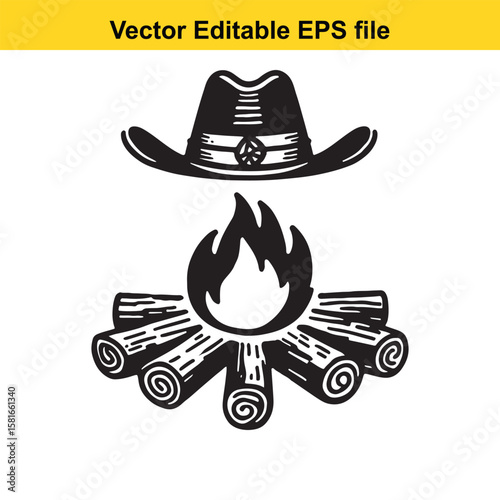 Cowboy hat above a campfire with logs illustration