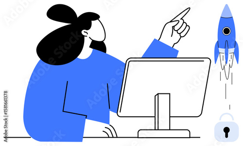 Woman seated at desk pointing with confidence towards a rocket launching. Captures concepts of creativity, startup growth, goal setting, and success. Ideal for innovation, ambition, startups