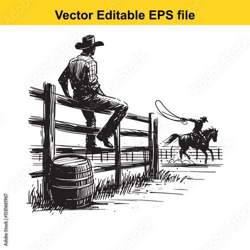 Cowboy resting on fence while another ropes a horse