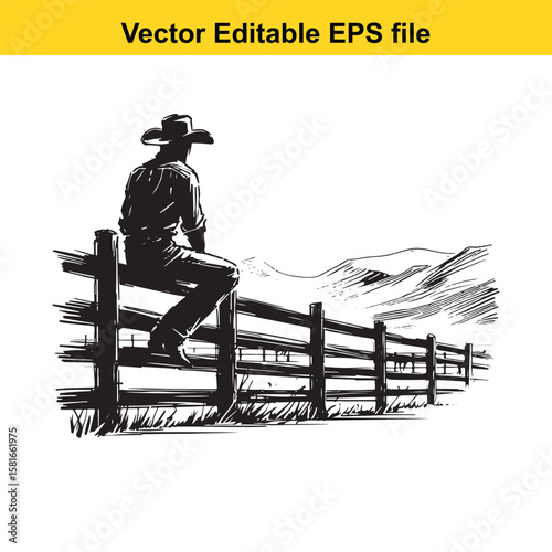 Cowboy sits on a fence overlooking rolling hills