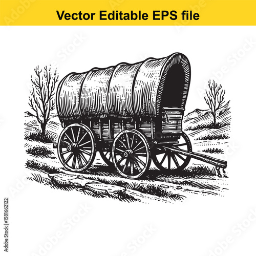 Vintage covered wagon on a dirt road with trees