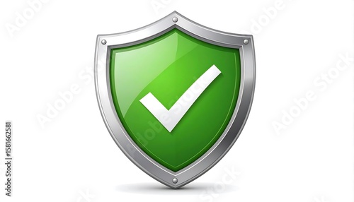 Green shield with white checkmark.  Metallic frame