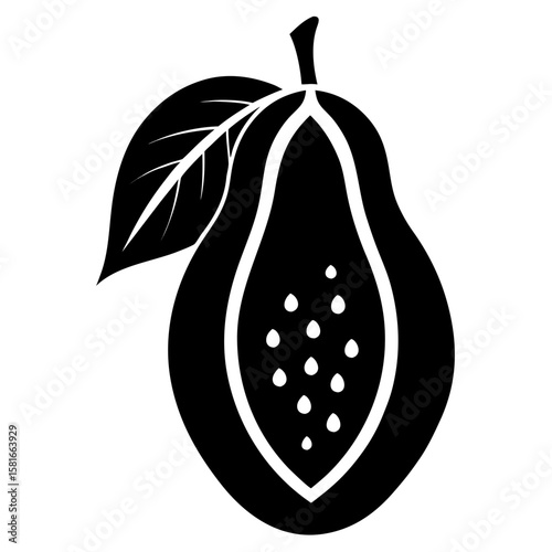 A stark black silhouette of a ripe papaya fruit offers a minimalist design element against a clean white background.