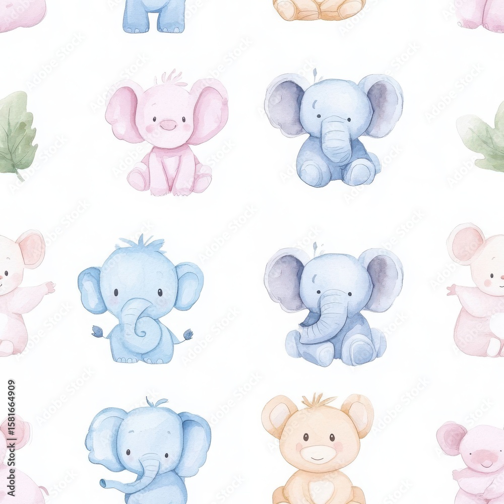 Fototapeta premium Adorable Watercolor Baby Elephants Seamless Pattern
