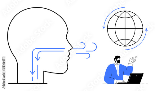 Head profile shows airflow through respiratory system, globe with arrows, and person at desk. Ideal for health education, global awareness, environment, communication, science, learning simple flat