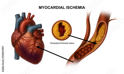 myocardial ischemia, cardiac ischemia, cholesterol in human blood vessels. Fat, plaque and calcium, in arteries, veins. Vascular blockage, embolism. Illustration Poster for medical, clinic or science