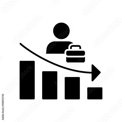 Job Market Downturn Icon. Glyph Style. Vector. Employee with Briefcase on Declining Bar Chart. Labor Shortage Crisis. Workforce Loss and Employment Reduction. Economic Impact Concep