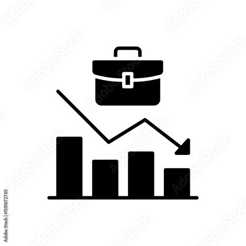 Declining Job Market Icon. Glyph Style. Vector. Briefcase with Downward Bar Graph. Labor Shortage Problem. Employment Drop. Career Crisis Symbol. Business Productivity Decline Illus