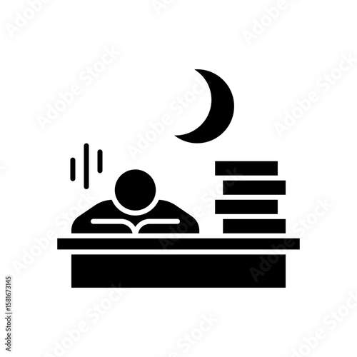 Late Night Overwork Icon. Glyph Style. Vector. Tired Employee Sleeping at Office Desk with Paper Stack and Moon Symbol. Labor Shortage Effect. Exhaustion and Productivity Crisis