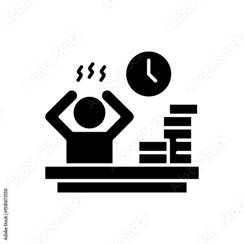 Overworked Employee Icon. Glyph Style. Vector. Stressed Worker at Office Desk with Paper Stack and Clock. Labor Shortage Crisis. Burnout Problem. Productivity Pressure Symbol