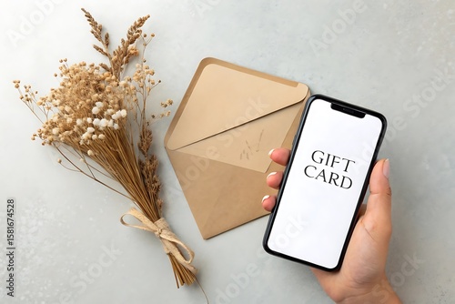 Gift card on phone with envelope and flowers for special occasion gift