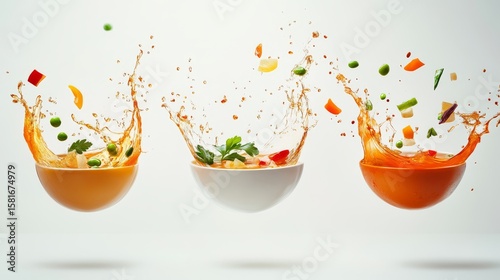 47.A detailed composition of three soups splashing on impact, with individual ingredients visibly falling and creating dynamic arcs of liquid in mid-air against a crisp white background.