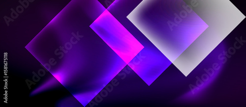 Abstract squares overlap, creating vibrant purple, pink, white glow. Dark background emphasizes luminosity, modern design.