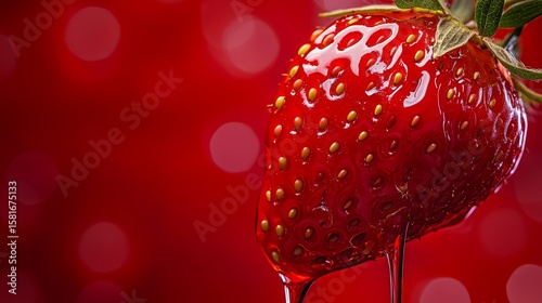 29.A dramatic drip of thick strawberry syrup flowing diagonally, with tiny seeds adding detail and texture. The glossy, bright red surface creates a bold and enticing composition.
