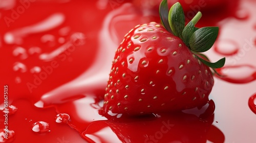 29.A dramatic drip of thick strawberry syrup flowing diagonally, with tiny seeds adding detail and texture. The glossy, bright red surface creates a bold and enticing composition.