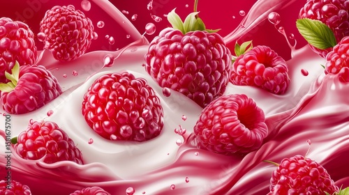 97.Raspberry fruits and milk splash. 3D icon realistic. Vector illustration: