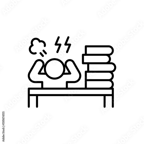 Frustrated Employee Icon. Outline Style. Vector. Angry Worker at Office Desk with Paper Stack and Lightning Symbol. Labor Shortage Impact. Workplace Burnout and Pressure Illustration