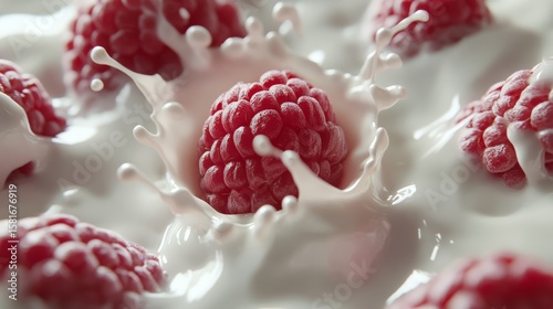 102.A photorealistic 3D render of raspberries placed in the center, surrounded by milk splashes that freeze in mid-motion, highlighting the freshness and richness of the fruits and the creamy liquid.