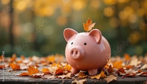 Savings piggy bank on a backdrop of fall foliage